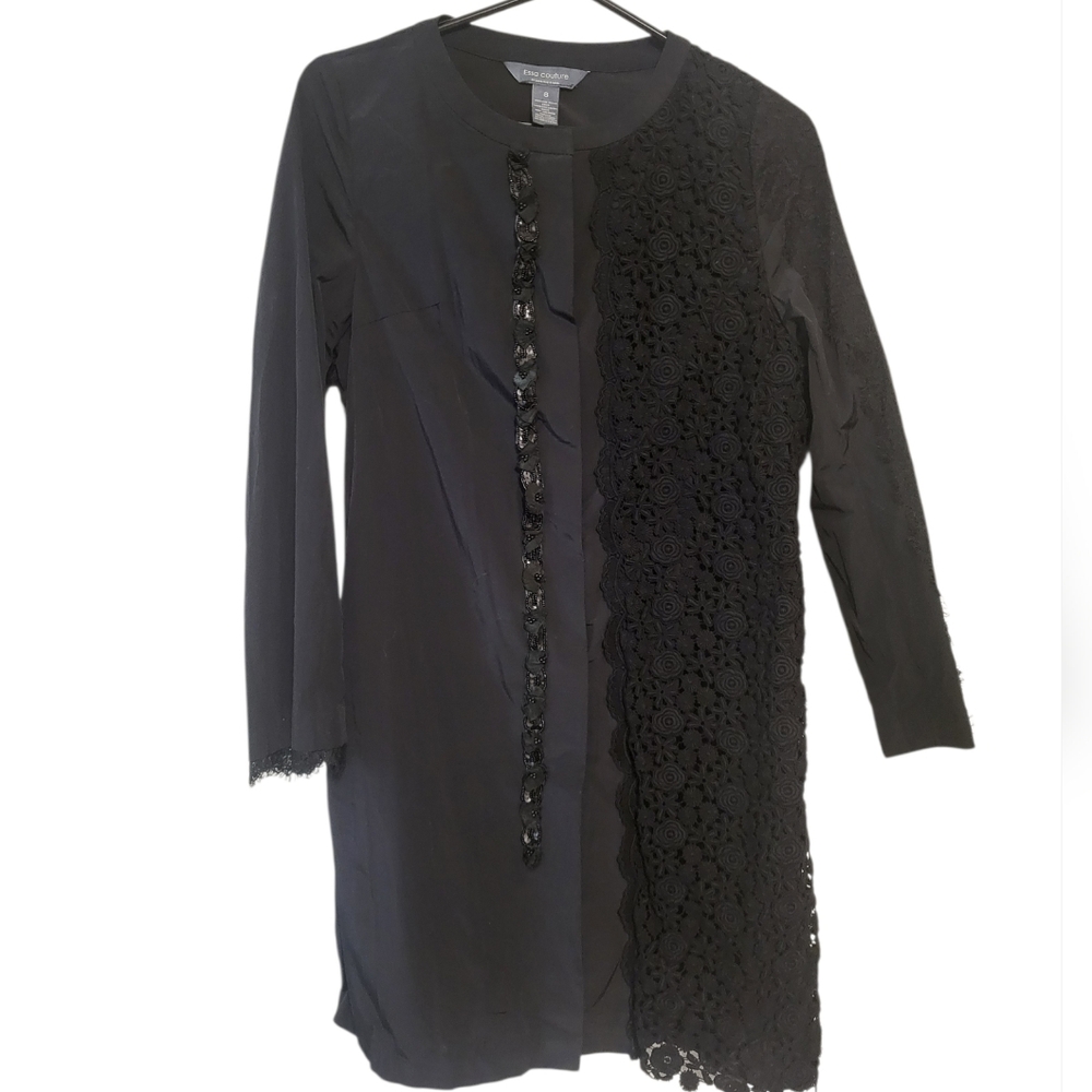 Essa Couture Black Goth Dark Academia Deco Long Sleeve Shirt Dress, Size 8 (M)